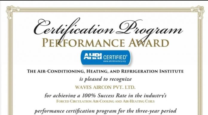 AHRI Certificate for Waves Aircon Pvt Ltd